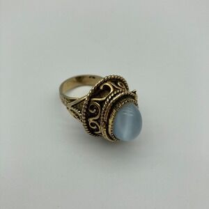 Vintage 1970s Brass Art Glass Dome Poison Ring Pill Box Adjustable